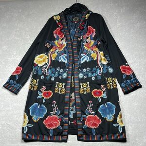 Johnny Was Biya Cardigan Large Flower Birds Boho Embroidered Hooded Open Front
